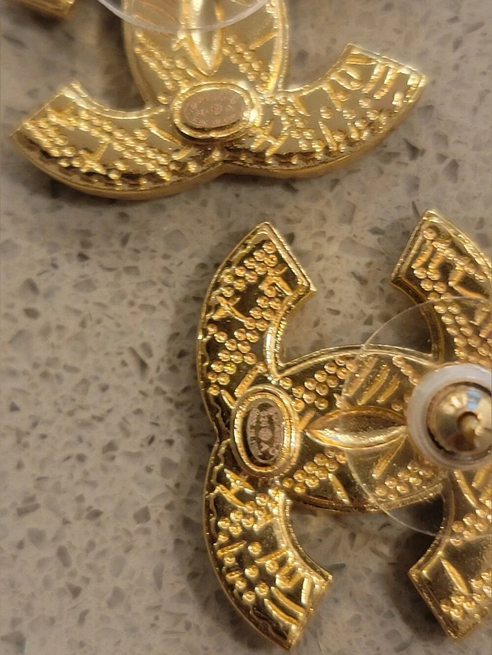 Authentic Chanel 24A Gold Plated Glitter Resin CC Stud Earrings